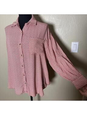 Modern Retro Houndstooth Button-Up Blouse Relaxed Flowy Coral Orange White